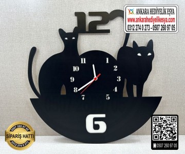 Ahşap Kedili Saat - 2
