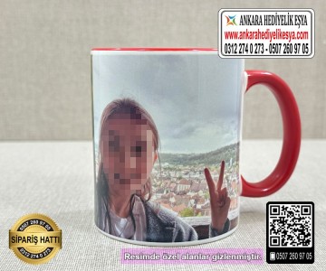 Resimli Kırmızı Kulplu Kupa Bardak