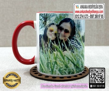 Resimli Kırmızı Kulplu Kupa Bardak